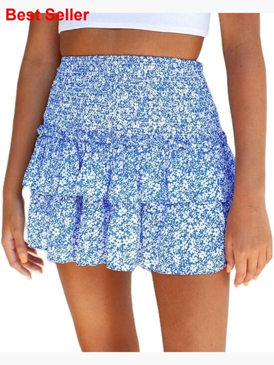 Dresses & Skirts - Cotton Polyester Floral Pleated High Waist Tiered Ruffle Mini Skirt